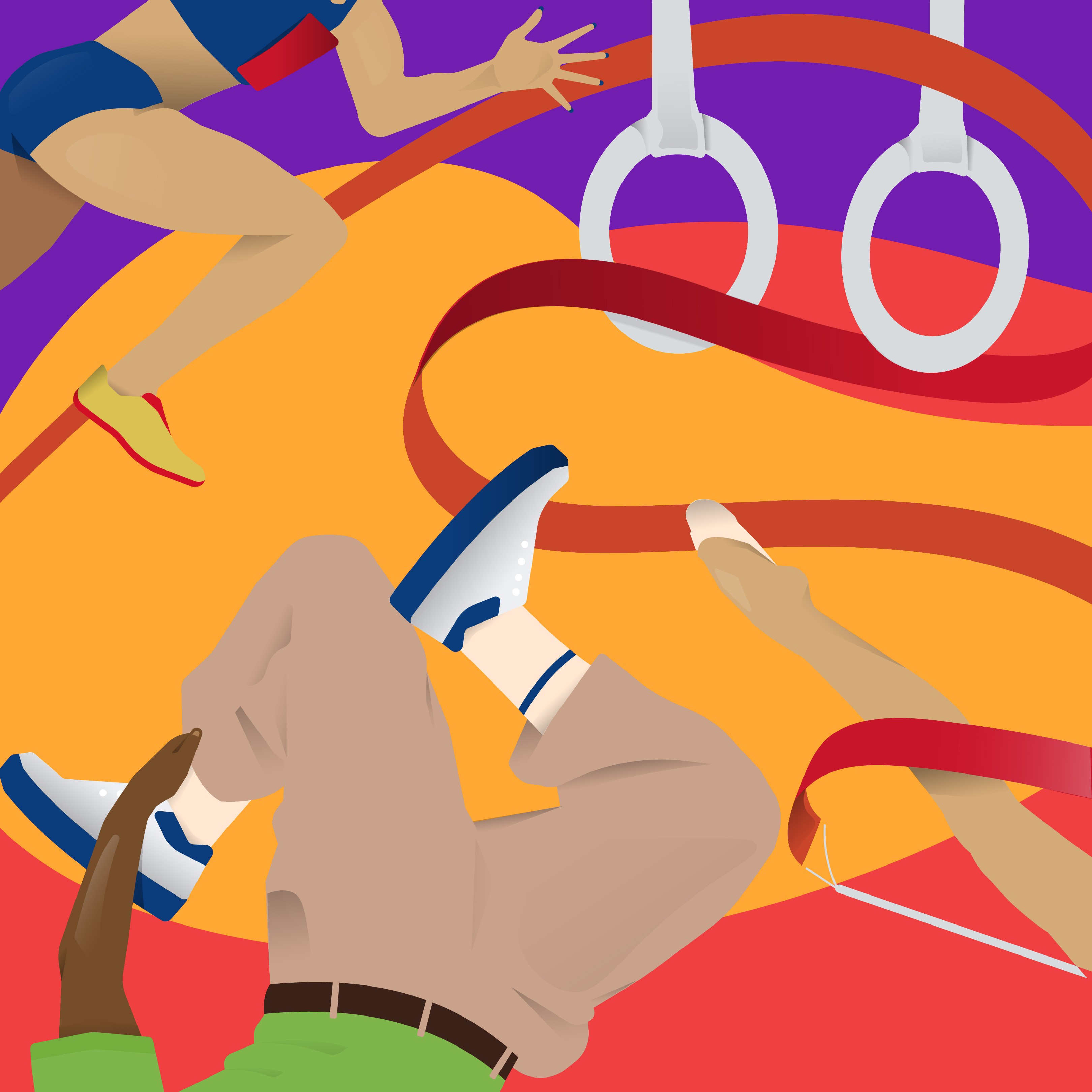 Illustrated scene of athletes performing gymnastics on rings and tumbling across a colorful background with ribbons and abstract shapes.