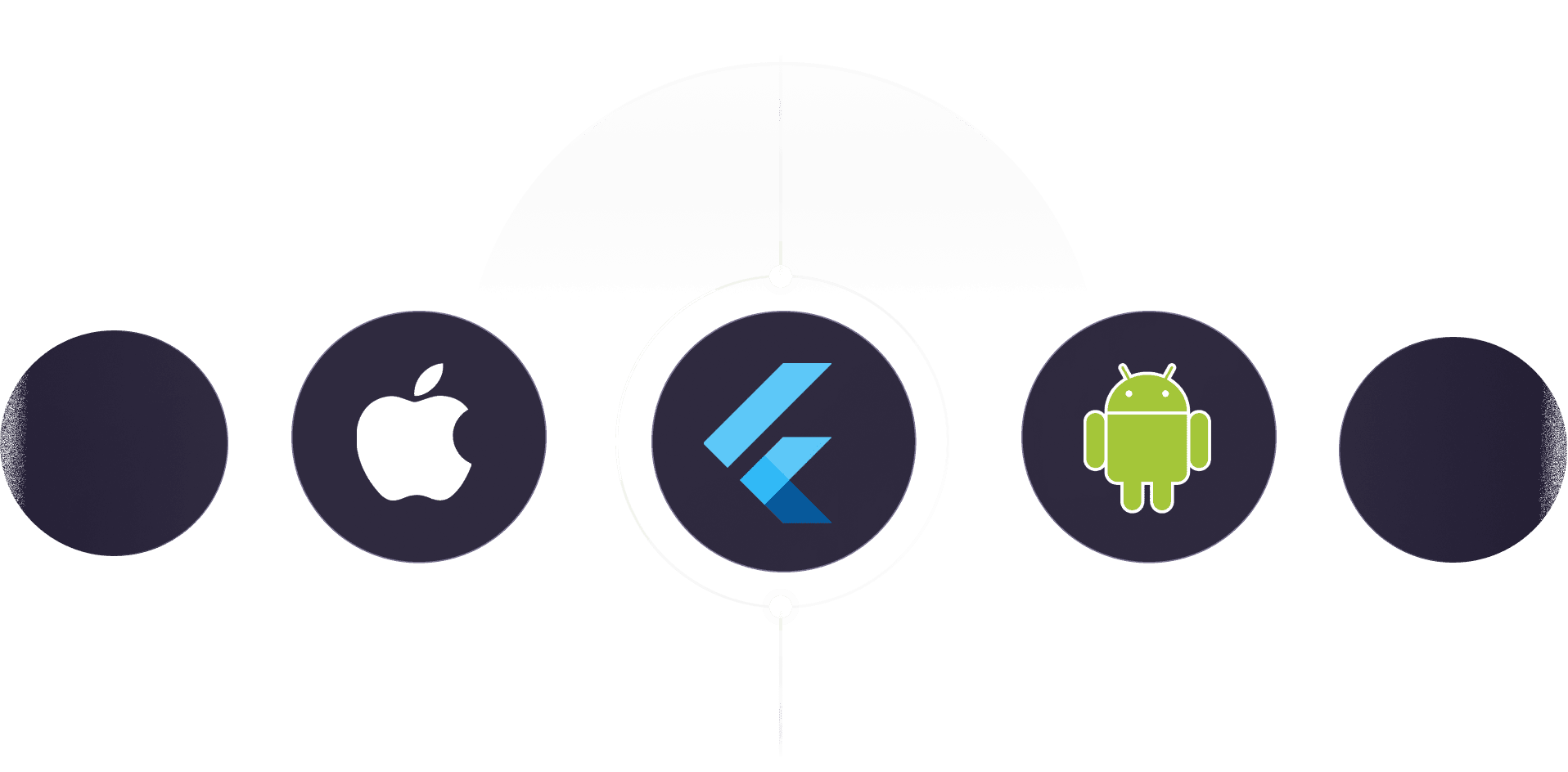 Flutter-Logo in der Mitte, flankiert von den durch Linien verbundenen Apple- und Android-Logos, die die plattformübergreifende Integration symbolisieren.