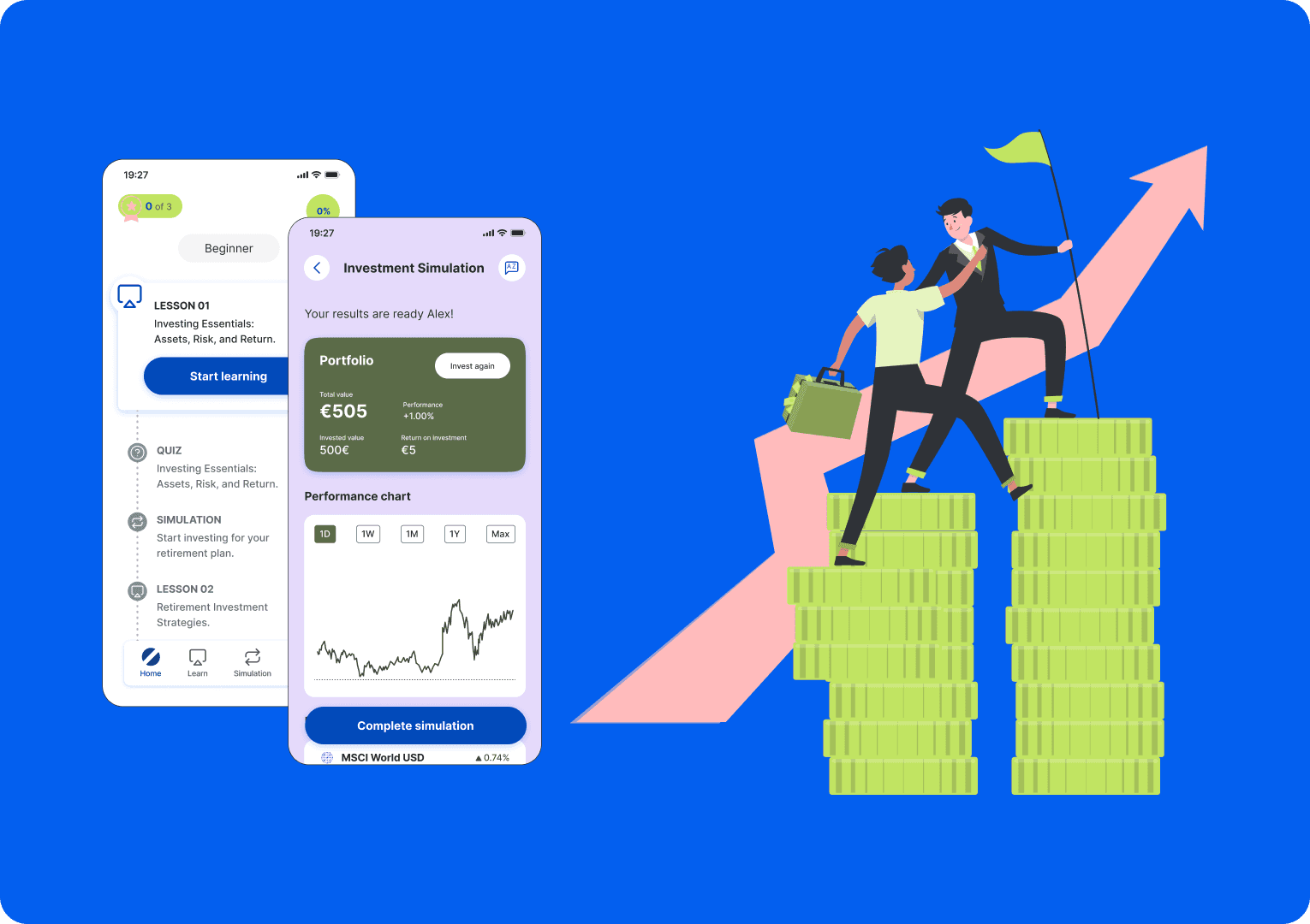 A mockup an iphone with a guy helping another one reaching the goal