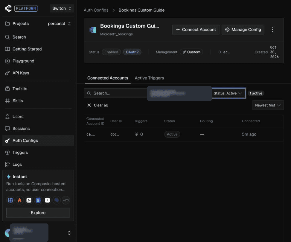 Connected account showing verified Active status