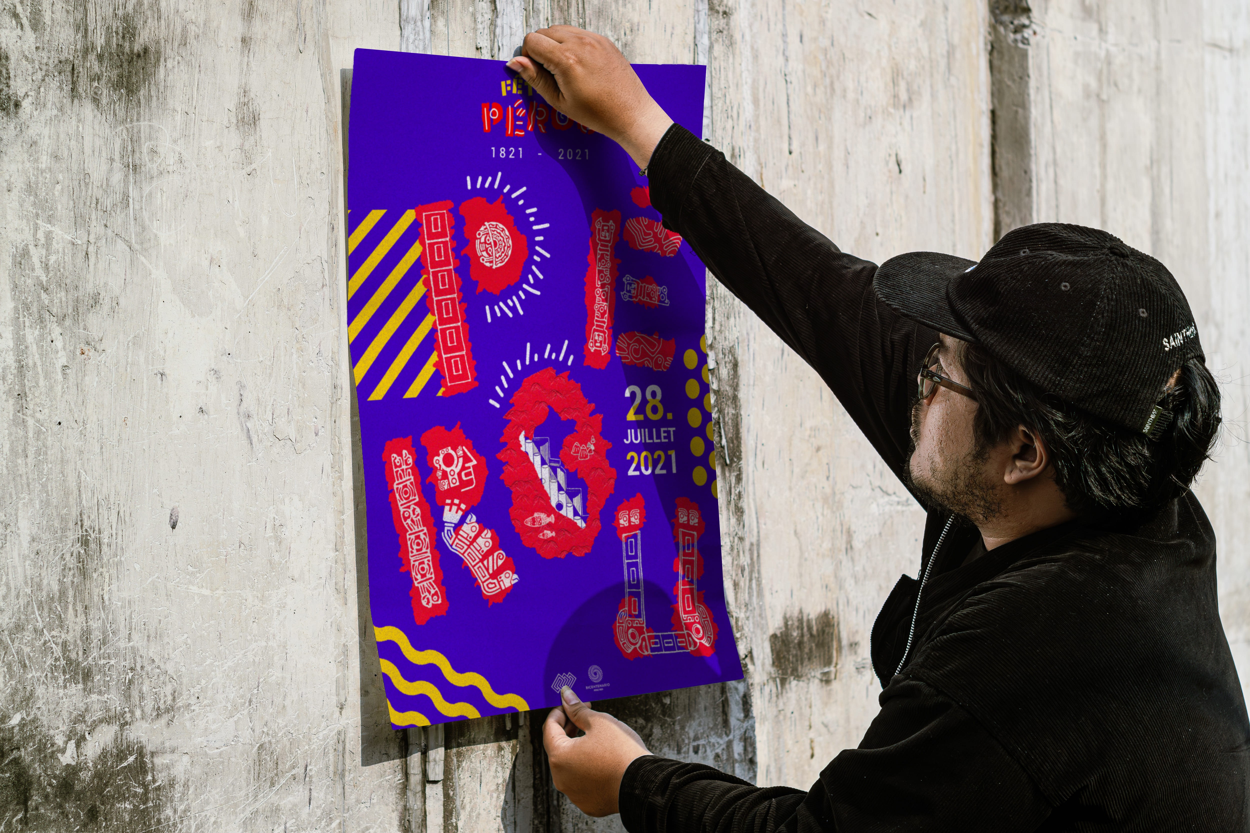 Event application of Fiestas Patrias Peru identity, featuring custom typography on coffee cup and flyer, bringing cultural symbols into a real-life setting