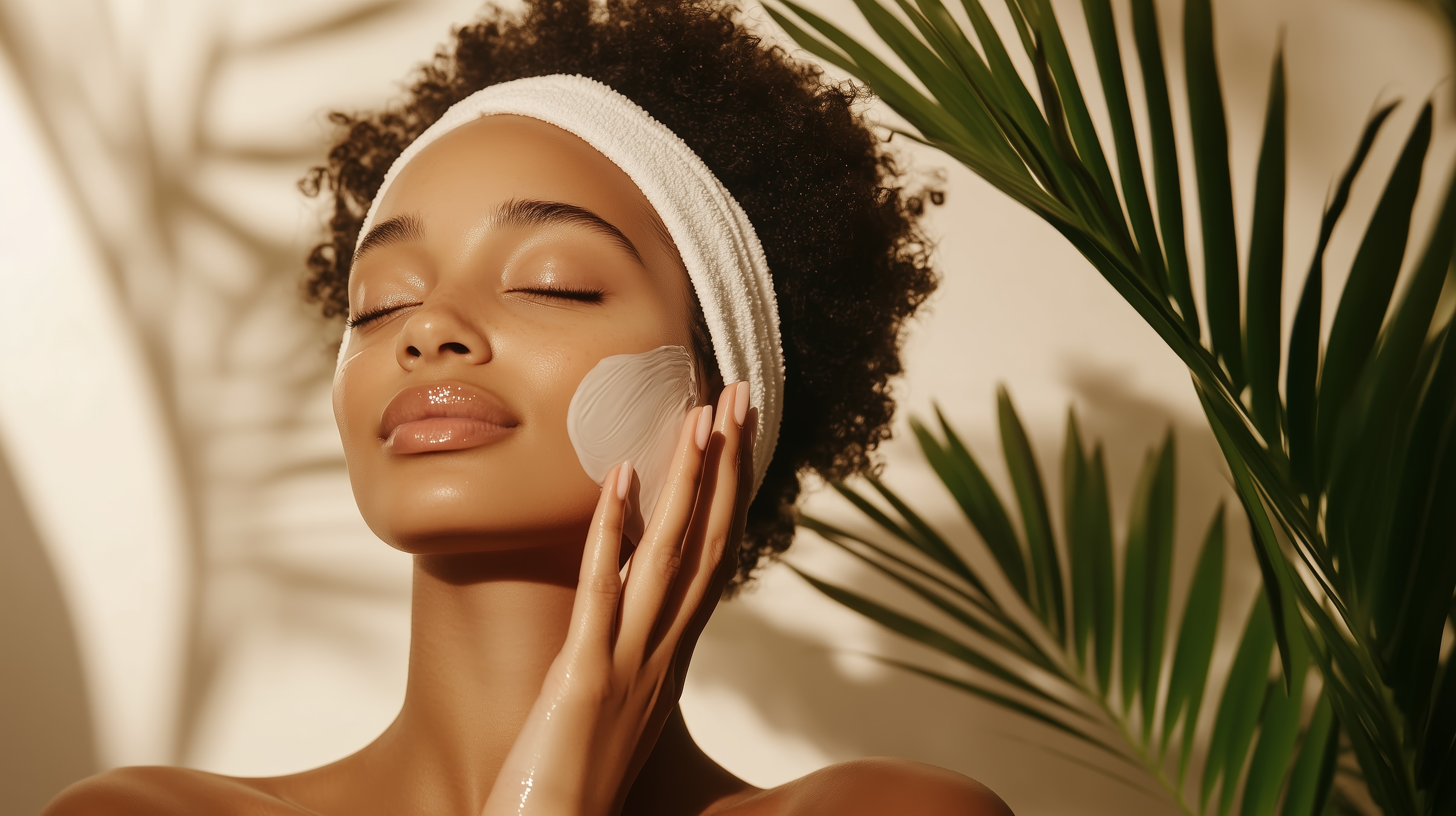 Woman applying facial mask while enjoying a moment of self-care in a serene indoor setting.