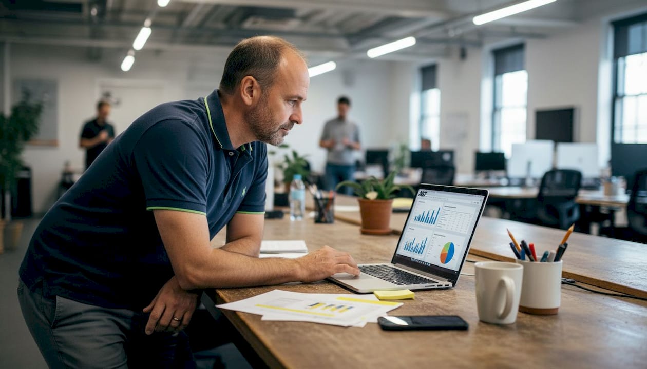 Professional reviewing attribution metrics on laptop