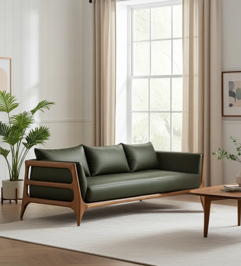 Armano contemporary three seater sofa with olive green upholstery and beech wood frame