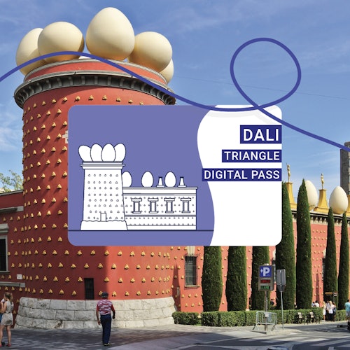Red circular building with large, white egg sculptures on top, a few people nearby, and a graphic card overlay reading "DALI TRIANGLE DIGITAL PASS."