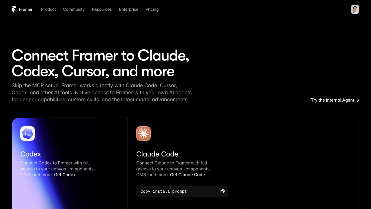 Framer’s External Agents setup page with install prompts for Claude Code, Cursor, and other tools