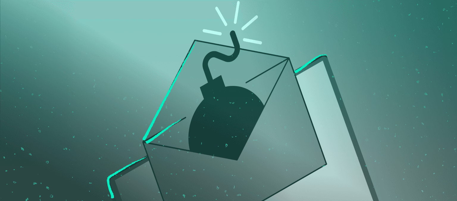 Illustration of an opened email envelope revealing a bomb symbol, representing risks and urgency associated with poor email sending reputation and deliverability issues.