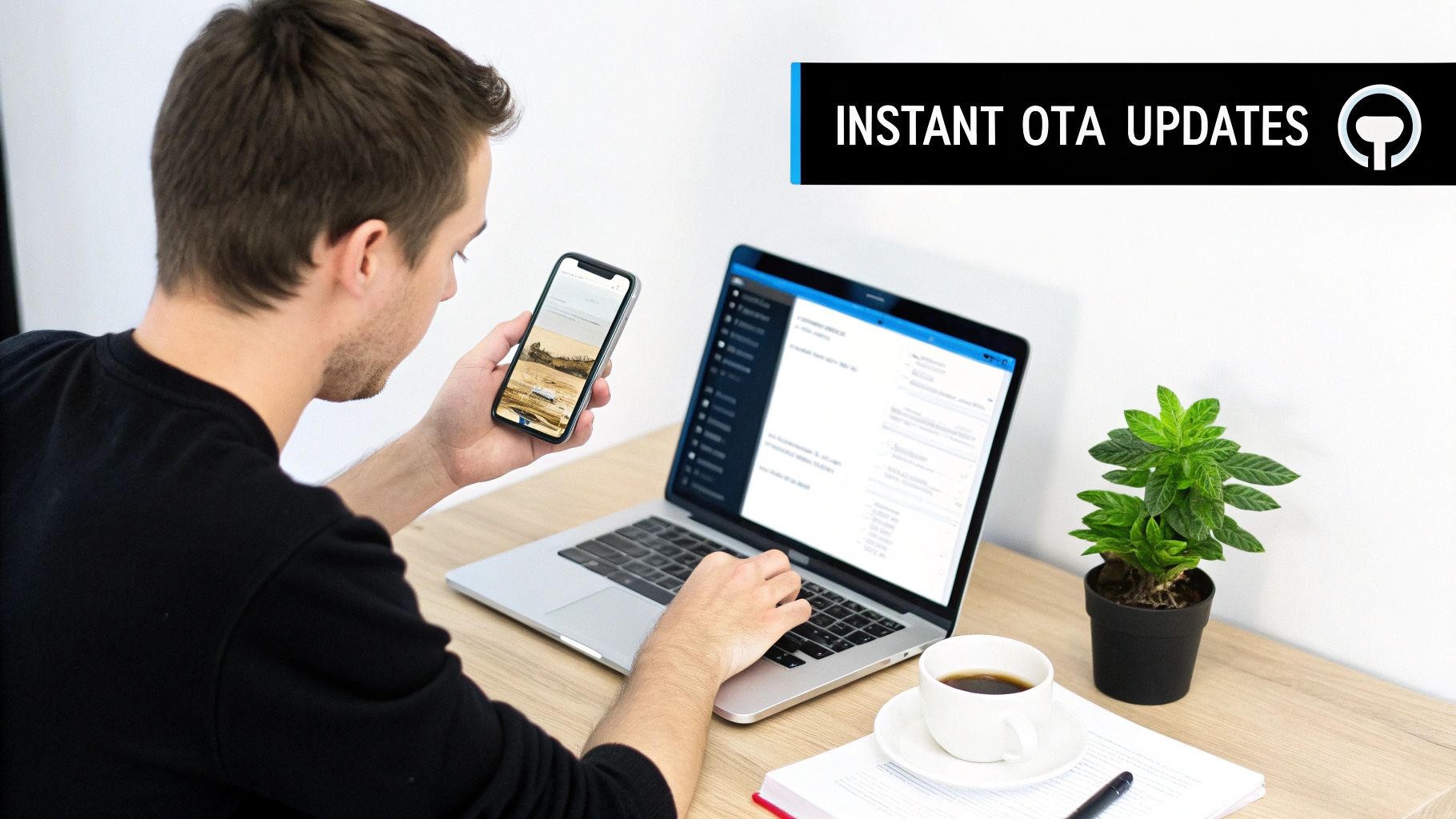 A man works at a desk, looking at his smartphone while typing on a laptop, with 'INSTANT OTA UPDATES' overlay.