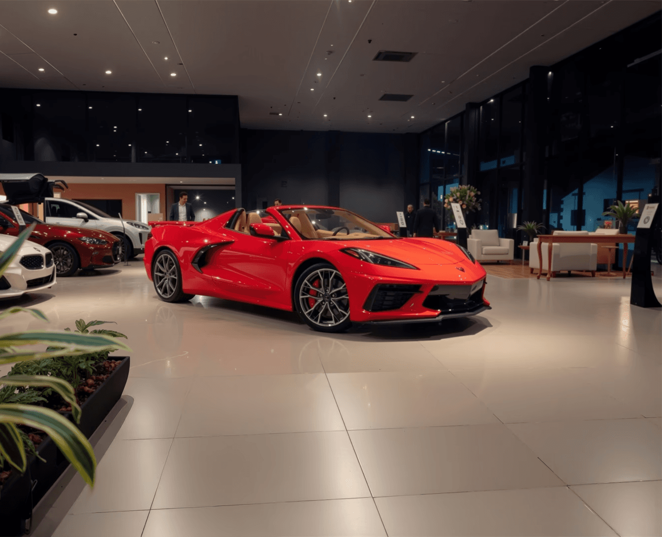 Two people in a workshop, one standing and smiling while the other leans over a car, working on it.