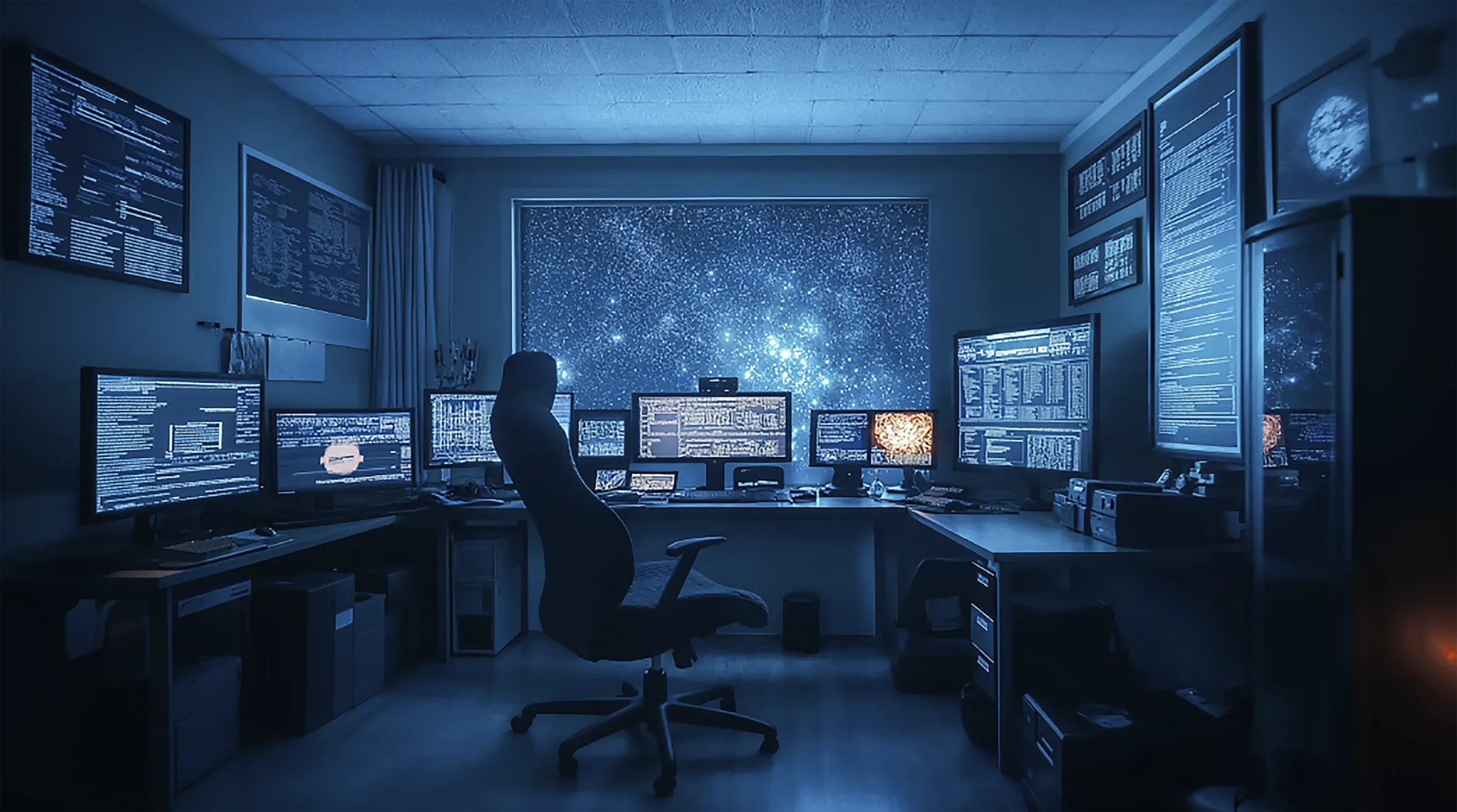 Dark blue mode office with many monitor 
