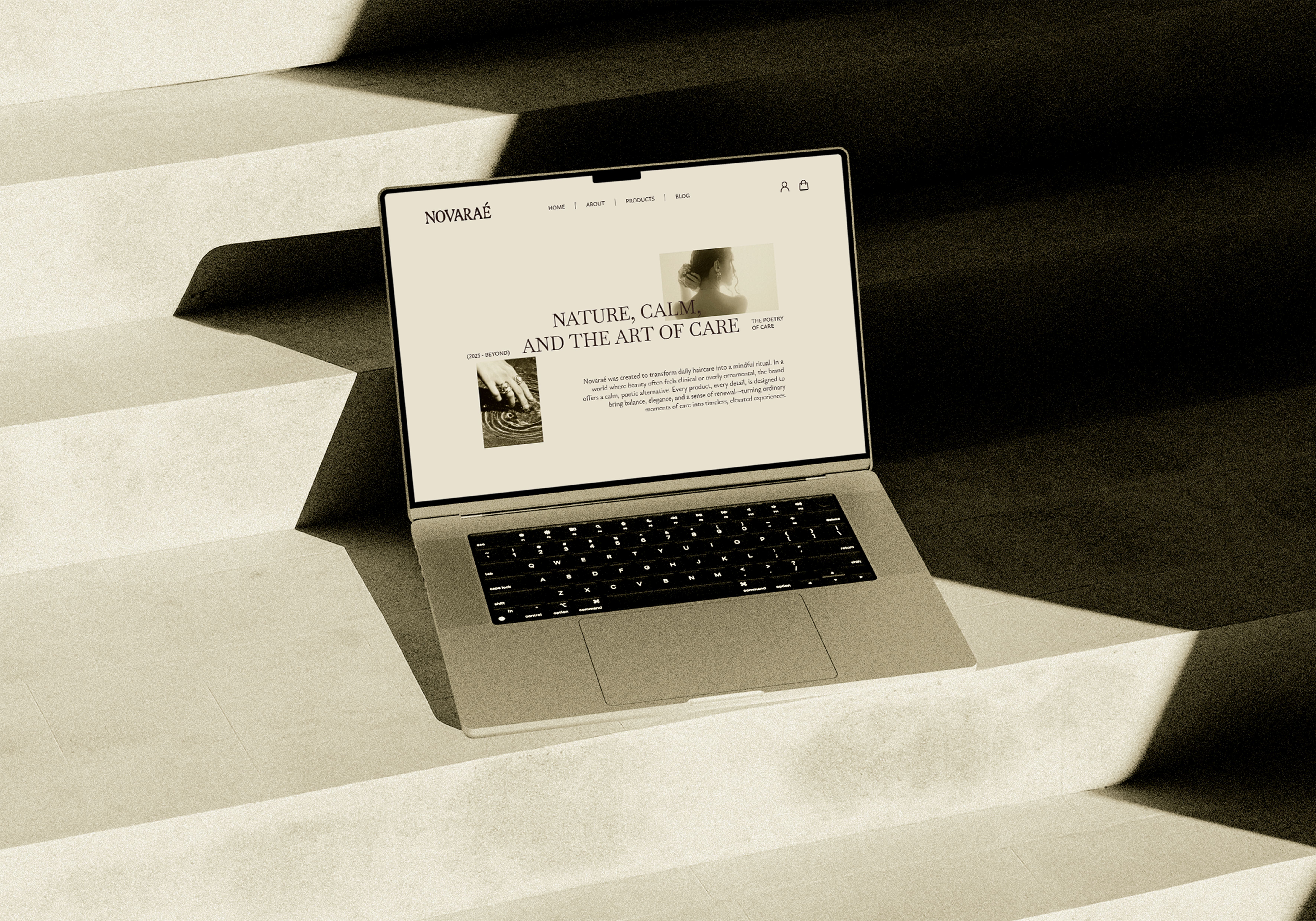 Laptop on sunlit concrete steps displays website "Nature, Calm, and the Art of Care." Tone is serene and minimalist, evoking tranquility.