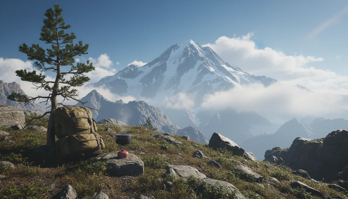 Unreal Engine 5 cinematic render, photorealistic low-angle wide shot of a rugged mountain landscape. In the foreground, a steep, rocky hillside with patches of green grass, a khaki backpack resting near a tree, and a small camping stove with a metal pot on the rocks. In the background, a majestic snow-capped mountain peak rises through atmospheric haze and soft clouds under a blue sky. Bright natural daylight with soft shadows, volumetric lighting, hyperrealistic detail, 8k.