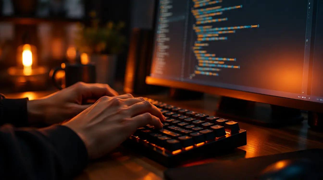 Close-up of hands typing on a keyboard with a glowing dark code editor, representing hands-on development work