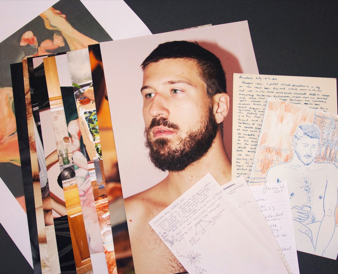 The image shows a collection of items arranged on a dark surface. These include a photograph of a man with a beard and short hair, printed on cream-colored paper; several vertically stacked photographs with varying images; handwritten notes in white paper; and a small pencil sketch of a shirtless male figure. The items are positioned in a somewhat haphazard manner, with some overlapping.