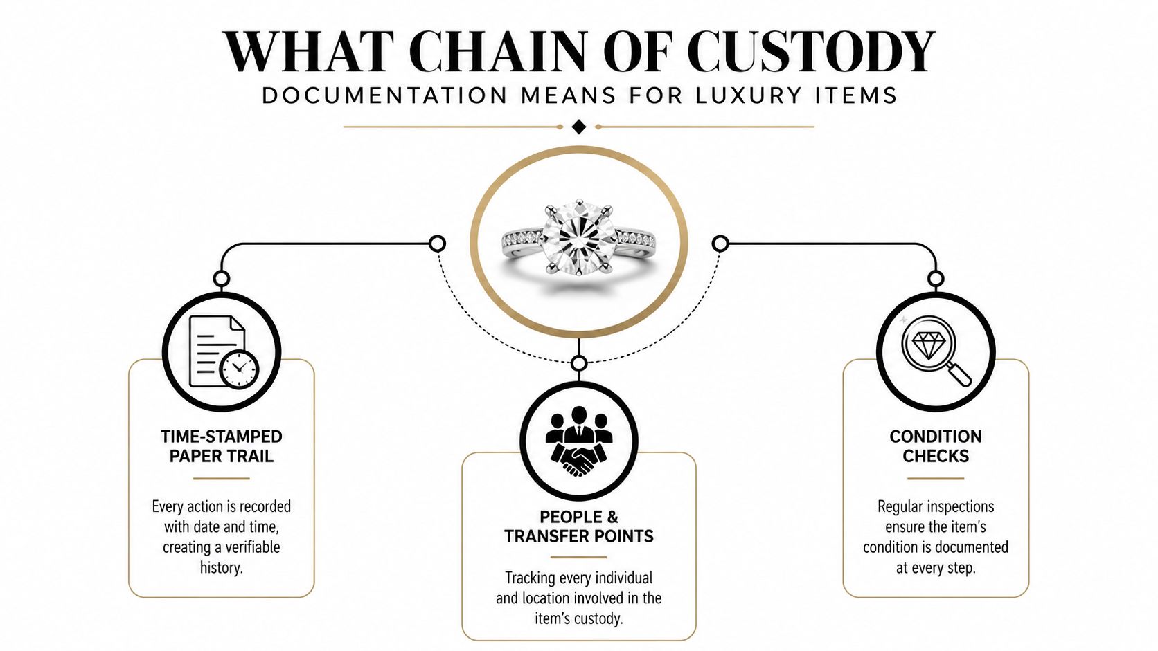 A diagram explaining chain of custody documentation for luxury items, featuring a diamond ring in the center.