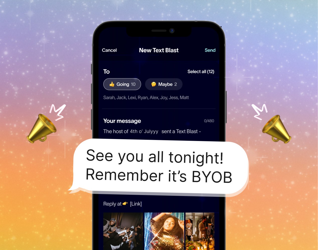 Party planning app feature demonstrating group text updates with an event reminder and customizable messages.
