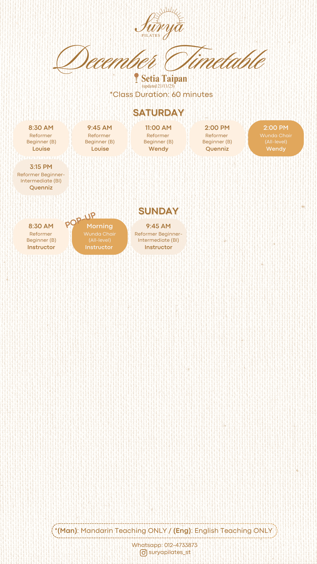 Surya Pilates  Setia Taipan Schedule