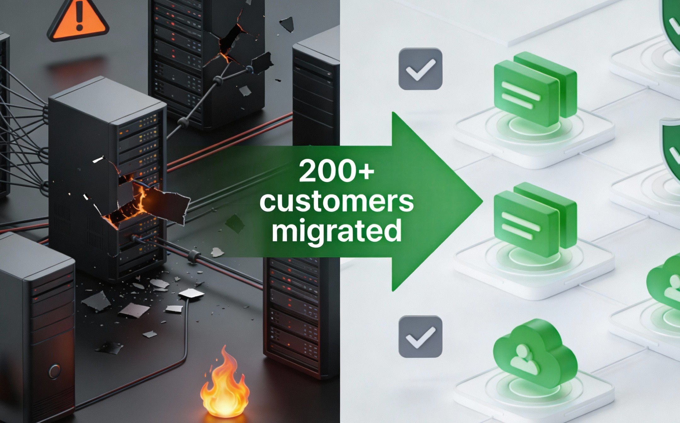 Split image showing server room recovery and 200 plus successful customer migrations.