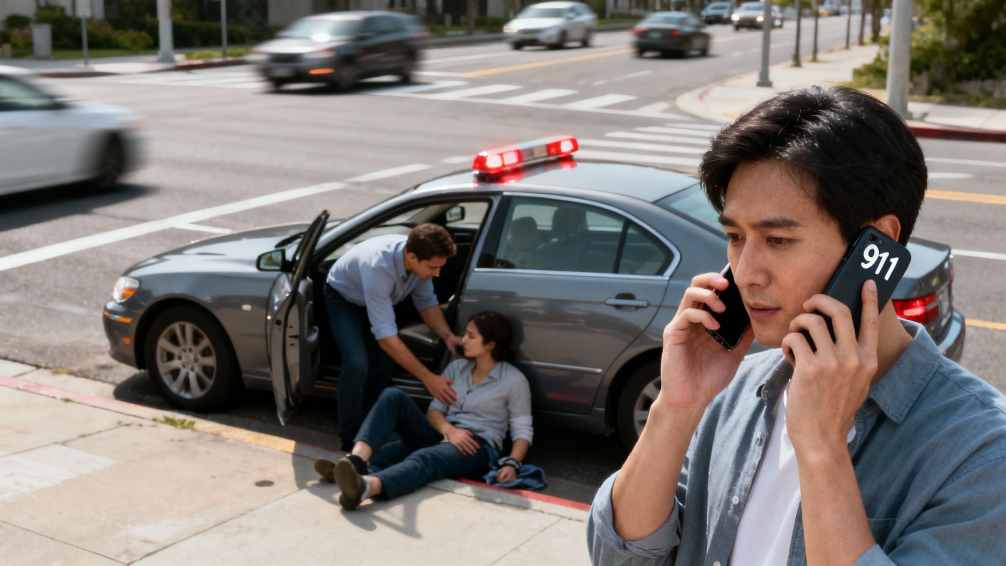 Man calls 911 for help after a car accident, as another person assists an injured woman.