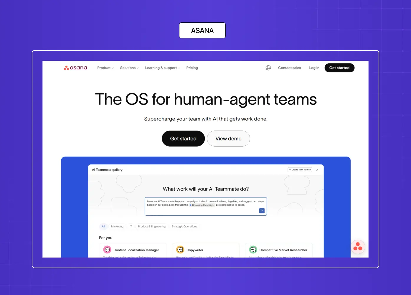 Asana homepage promoting AI teammate collaboration and human-agent work management systems.