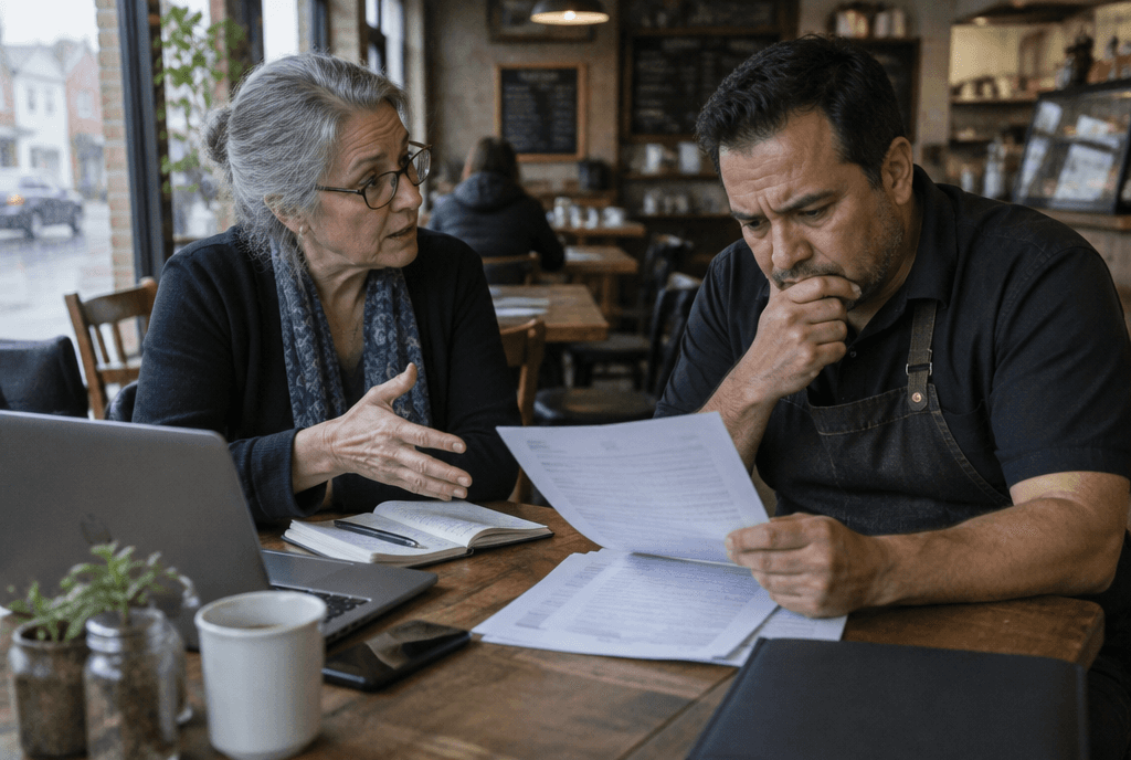 Accessibility consultant explaining issues to a restaurant owner reading a demand letter