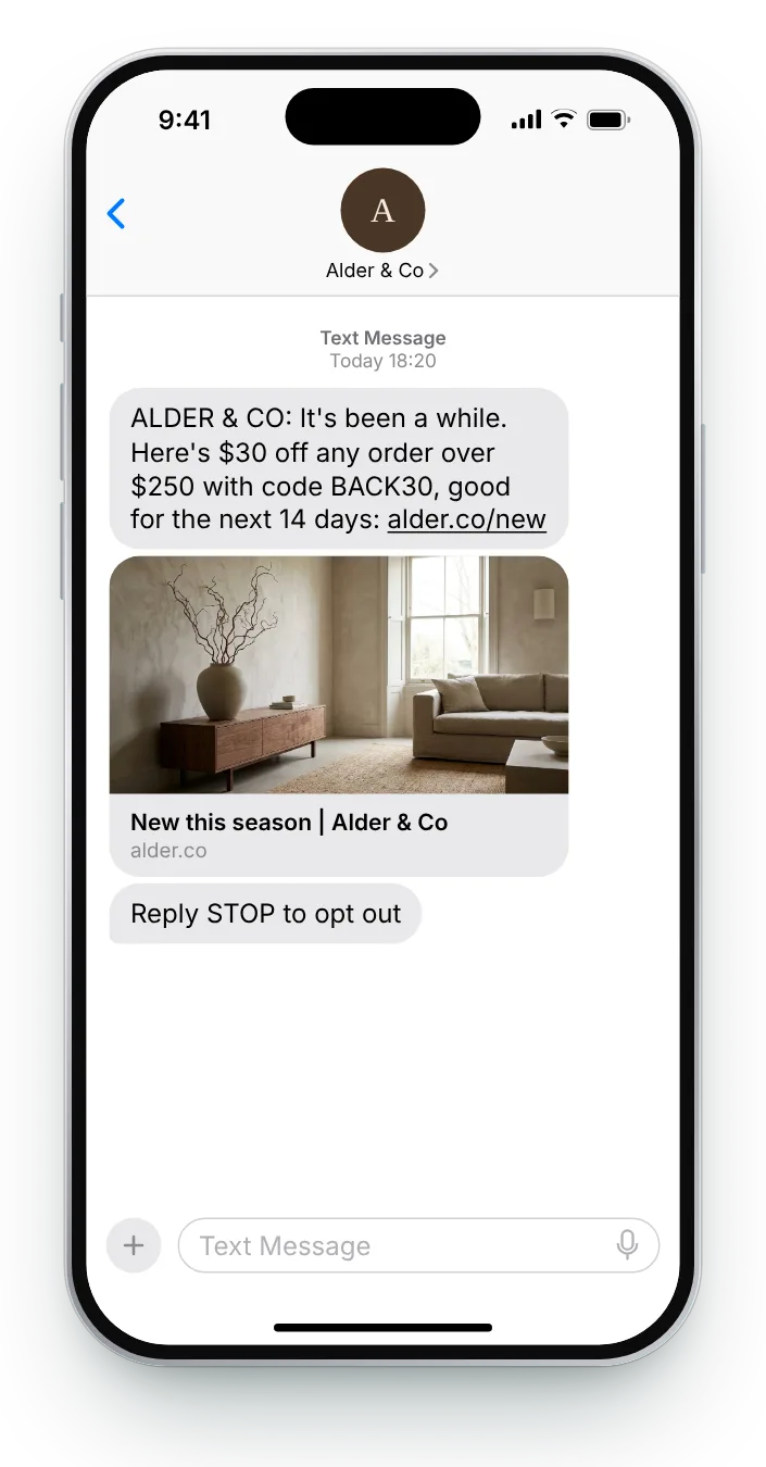 A code with a spending floor SMS win-back text on an iPhone