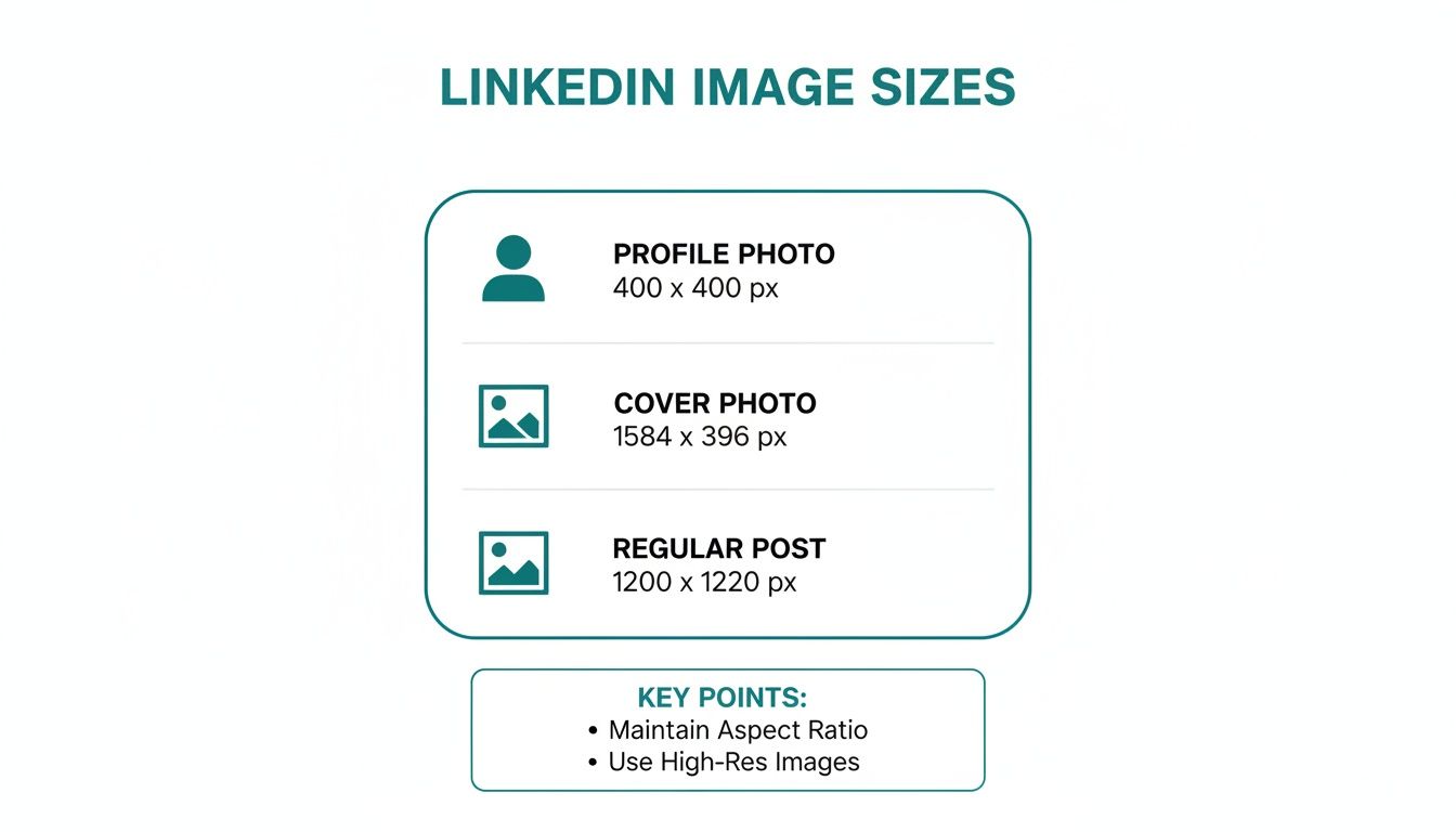 LinkedIn image size guide displaying dimensions for profile, cover, and regular posts, with key points.
