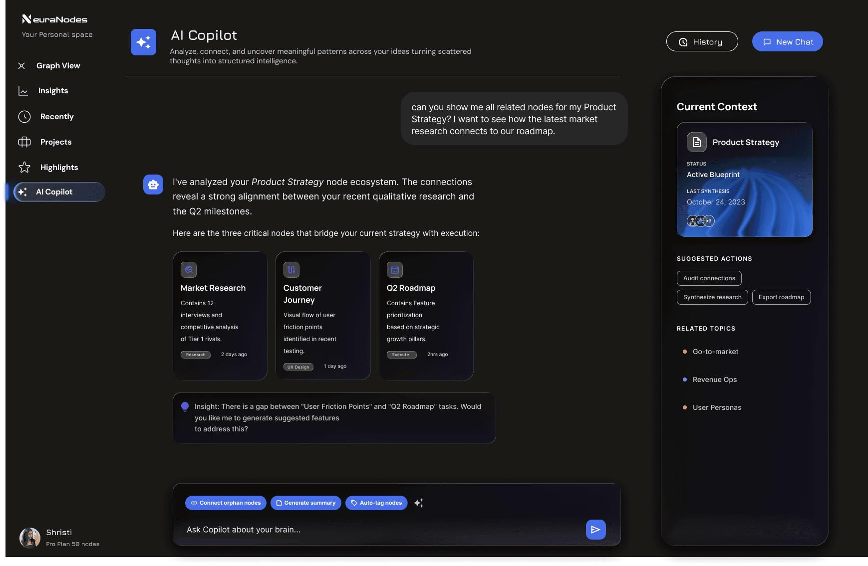 A conversational AI interface built for productivity. It blends chat, contextual tools, and quick actions—allowing users to interact with AI while staying anchored to their workflow.