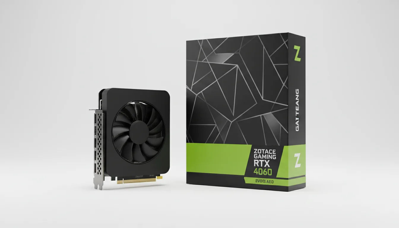DSLR product photography of a ZOTAC GAMING GeForce RTX 4060 GPU standing vertically next to its retail box, set against a seamless white studio background. Soft studio lighting creating a clean, commercial look with no harsh shadows. The graphics card is compact and matte black with a single fan and silver I/O bracket. The retail box is black with abstract silver graphics and a bold lime-green accent on the bottom third, featuring stylized placeholder text and branding elements.