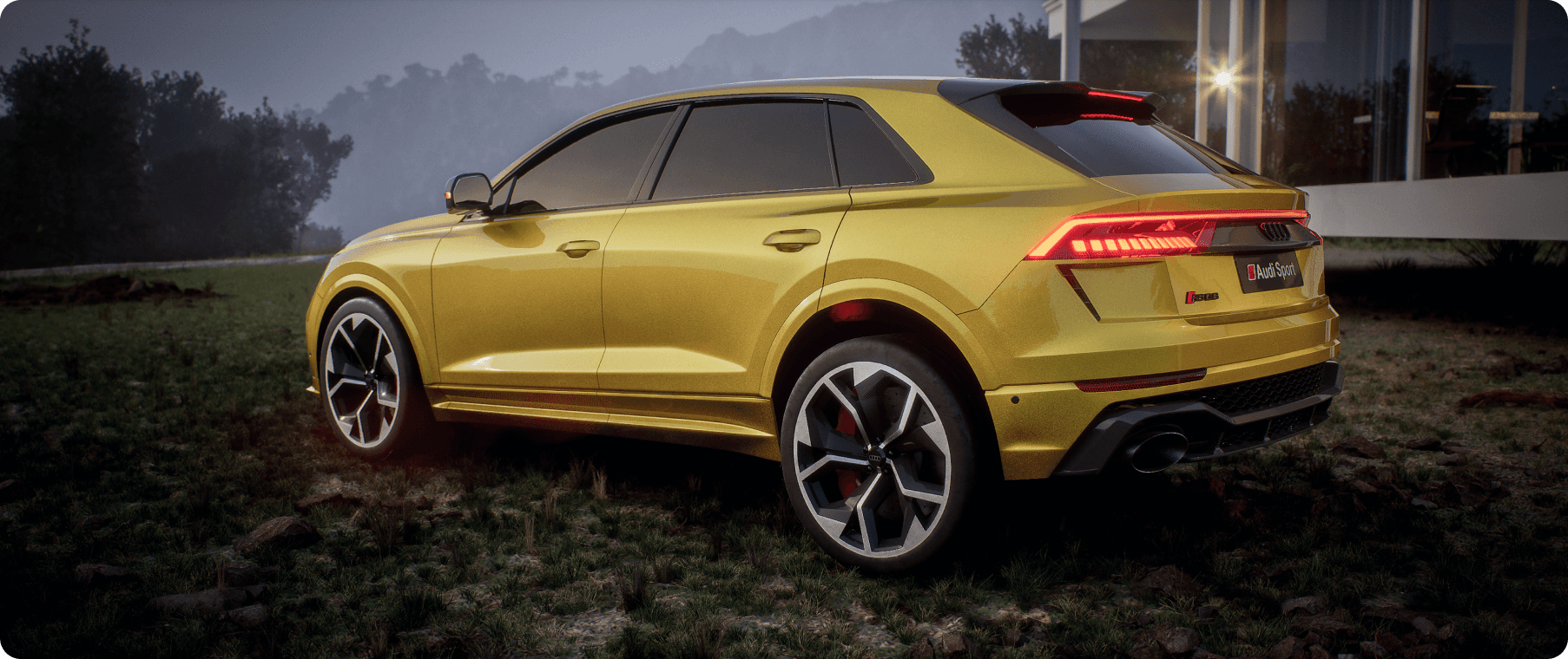 An unreal engine 5 cinematic render of Audi RSQ8 in a lake side forest environment.