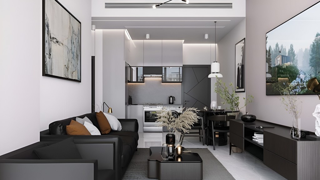 Modern living room in Al Haseen Residence featuring black furniture against white walls.