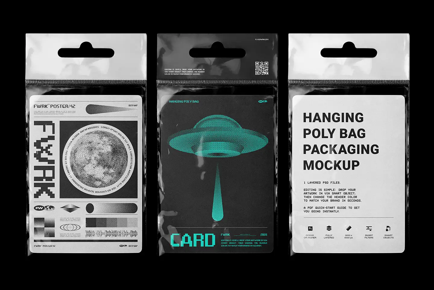 Hanging Poly Bag Mockup displaying a green UFO graphic and a clean instructional layout for trading card packaging
