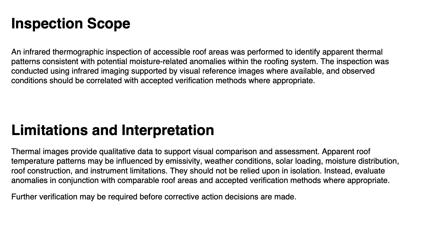 A screenshot from a "limitations and interpretation" section of a thermal roof inspection report