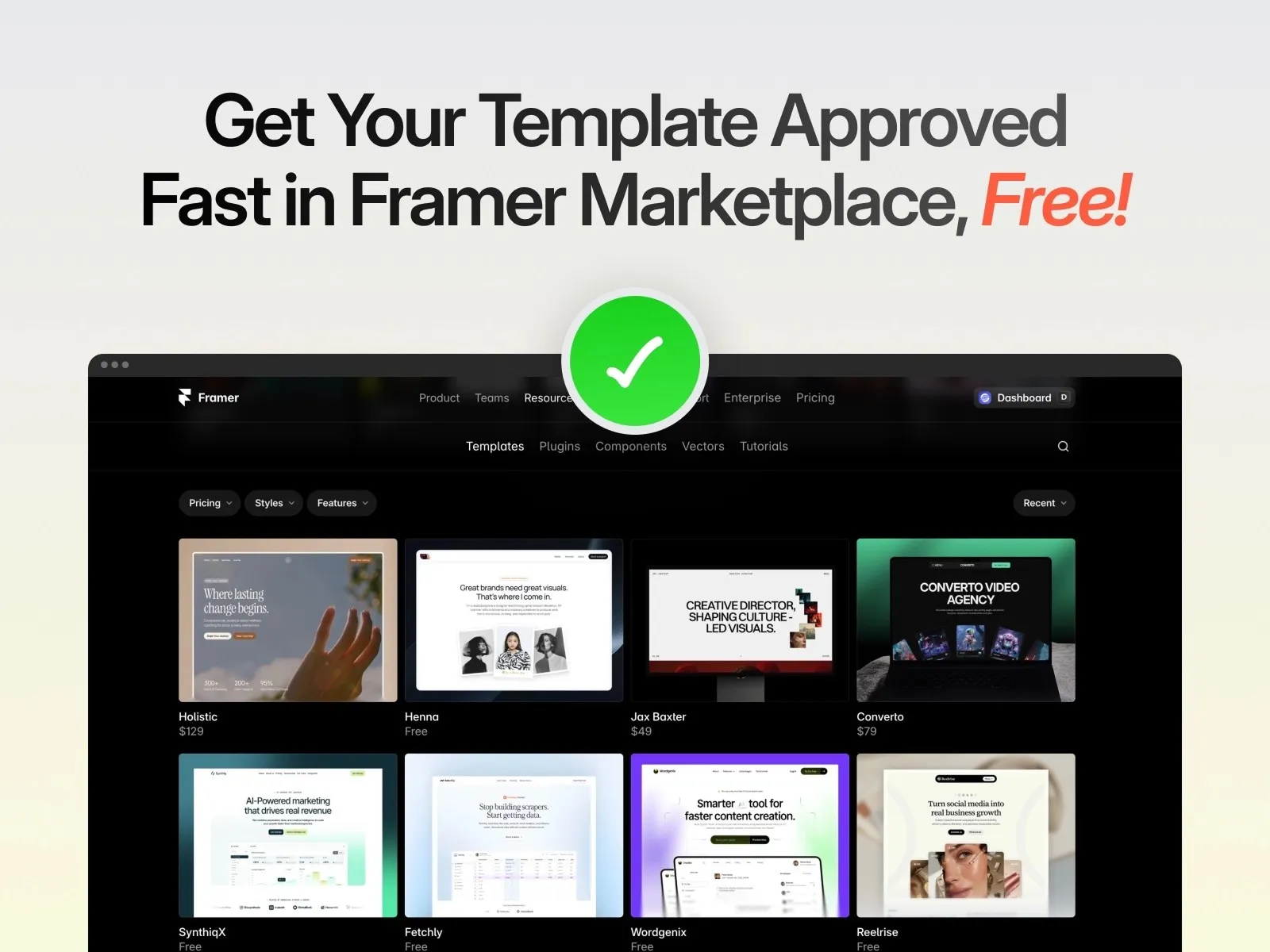 Framer Marketplace template approval advertisement with green checkmark.