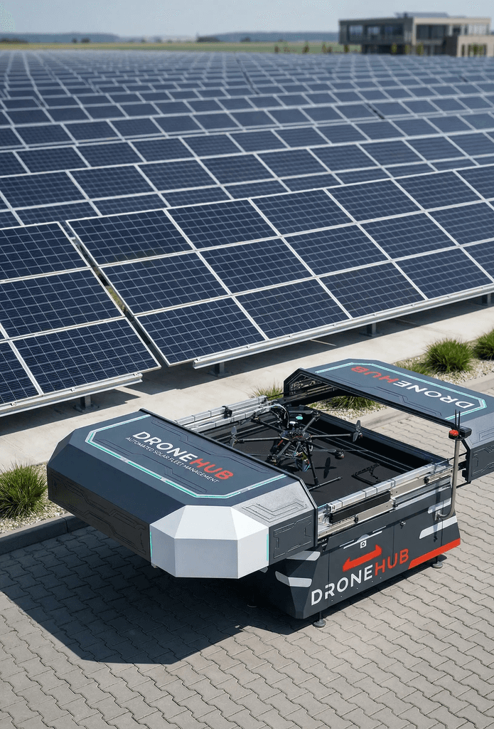 Aerial view of a solar panel array with a vehicle positioned nearby, indicating renewable energy technology.