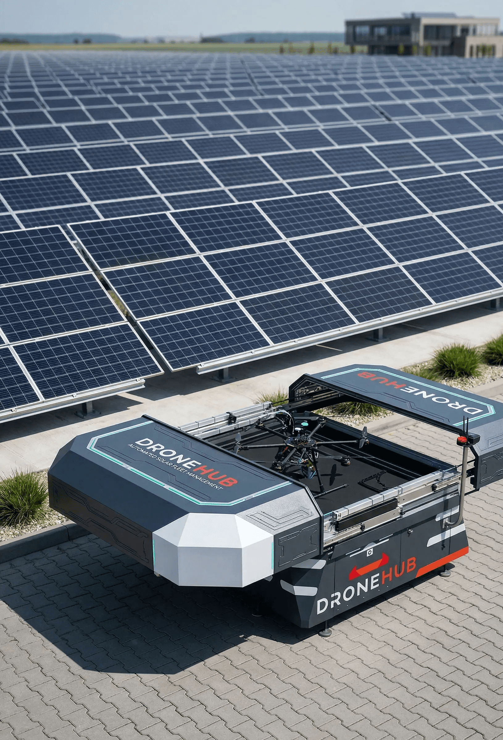 Aerial view of a solar panel array with a vehicle positioned nearby, indicating renewable energy technology.