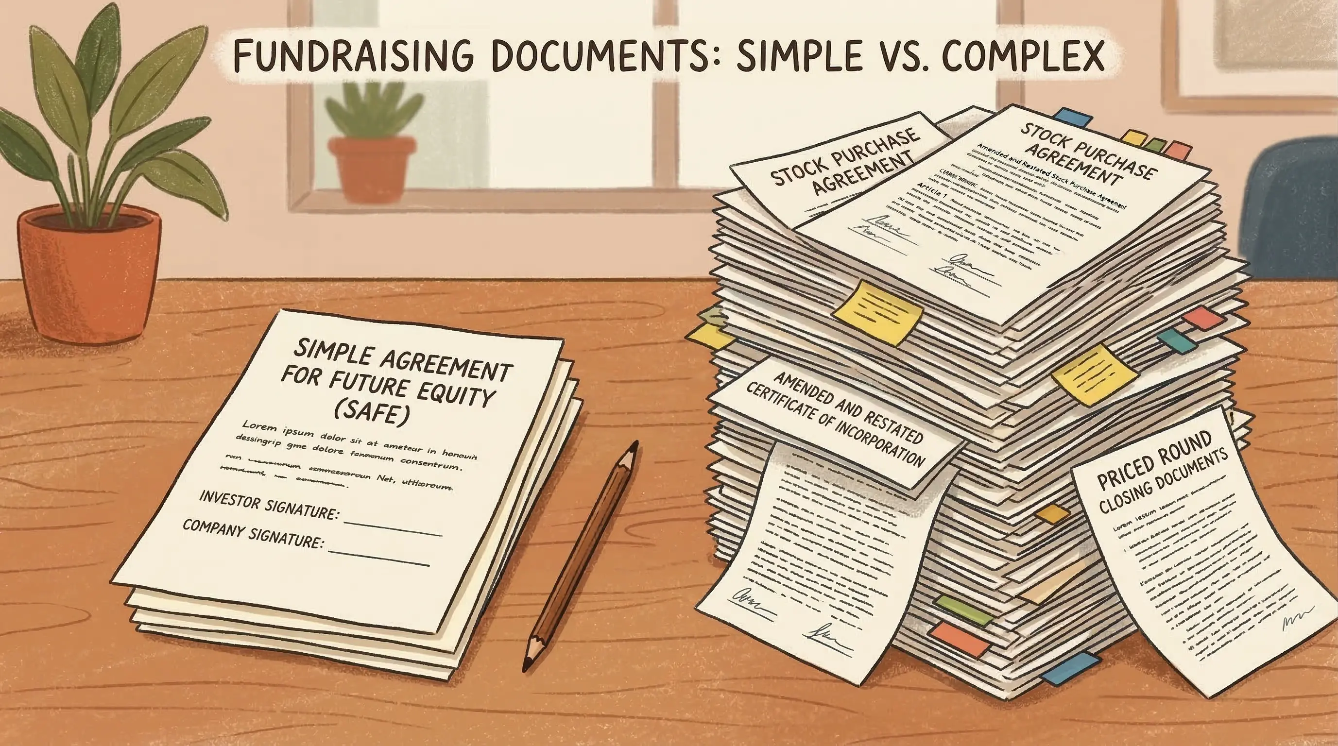 An illustration of a simple, clean 5-page SAFE document with a signature line, contrasting with a massive, complicated stack of legal papers representing a priced round.