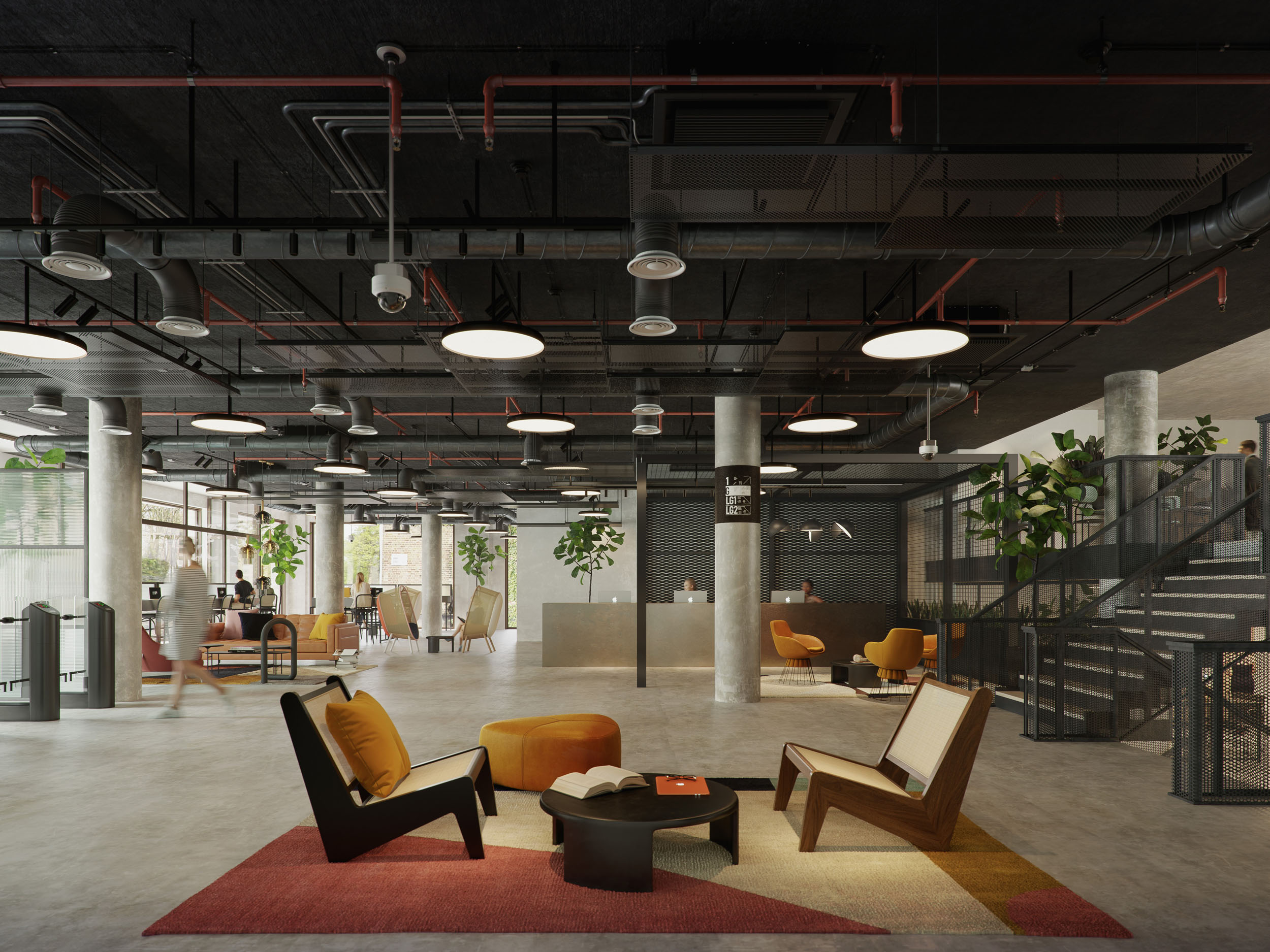 Modern office interior, architectural CGI render.