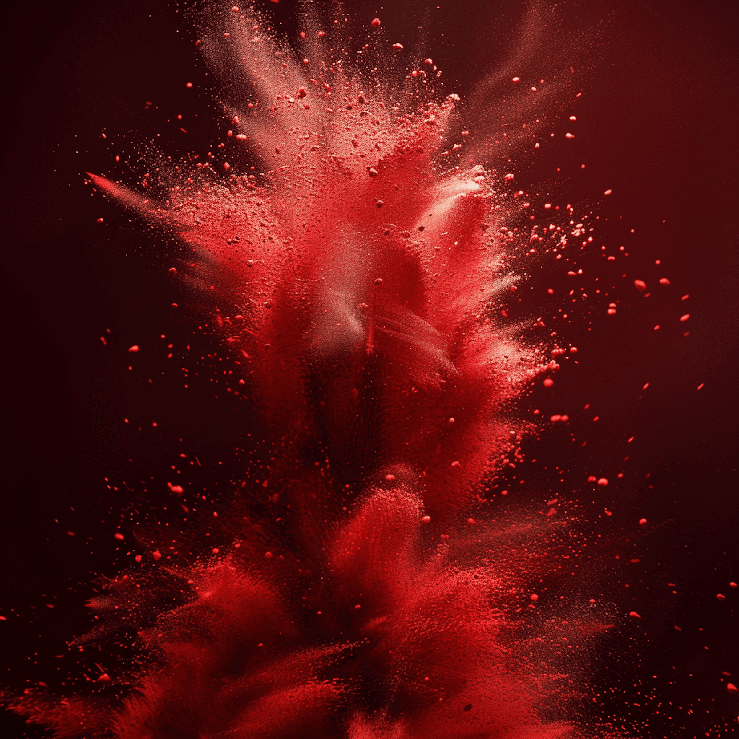 A vibrant explosion of red powder creates an abstract and dynamic cloud against a dark background, capturing a sense of movement and energy.