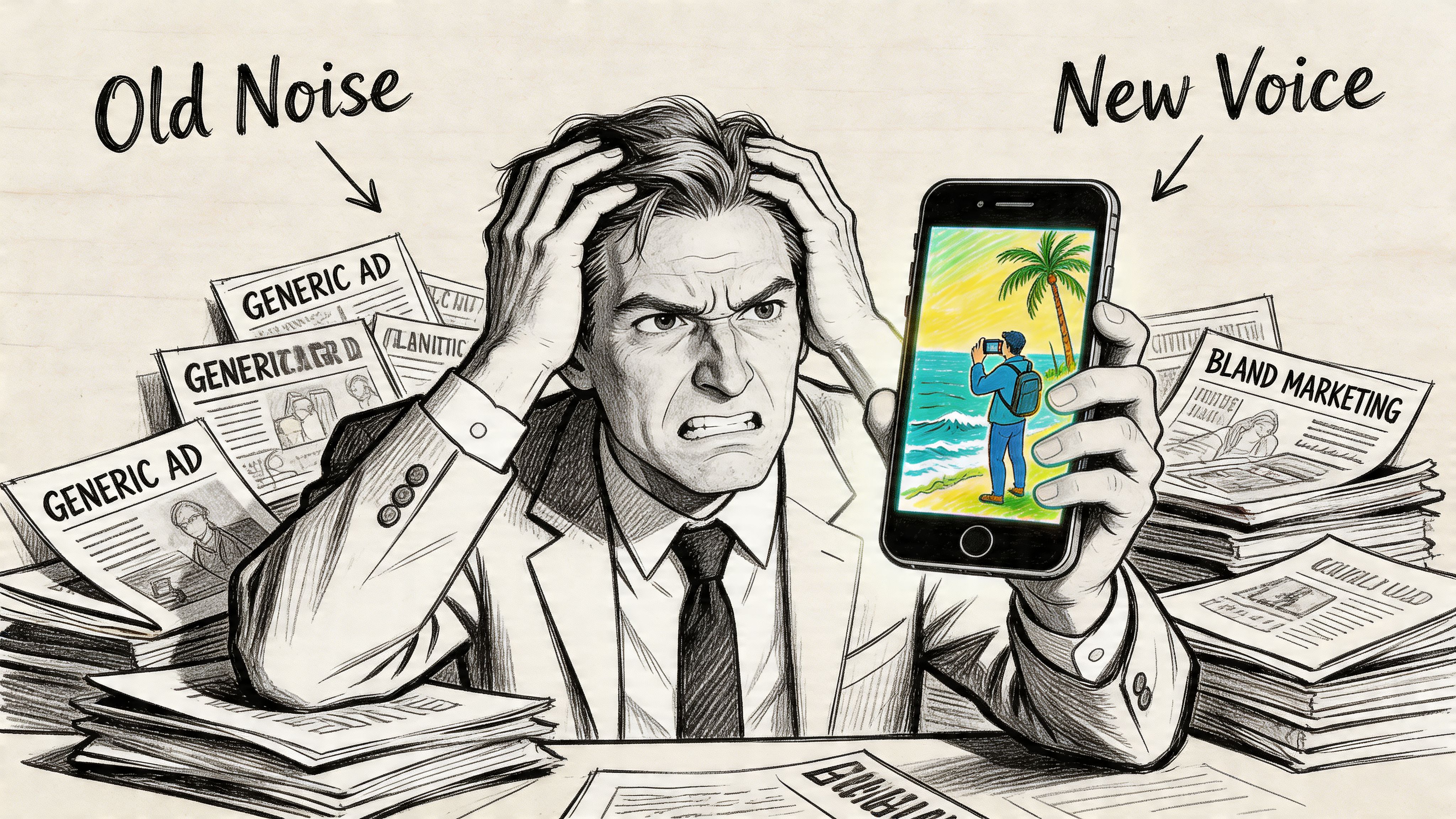 A frustrated businessman holding a phone showcasing travel content while surrounded by piles of generic marketing papers.