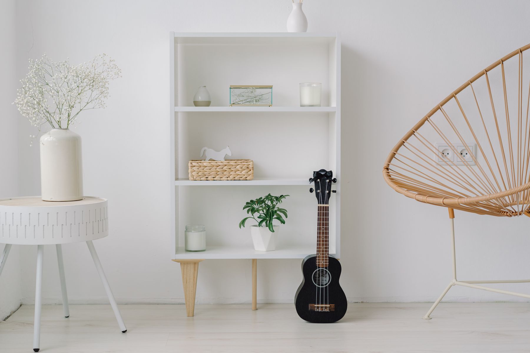 Minimalist home decor with shelving and a chair