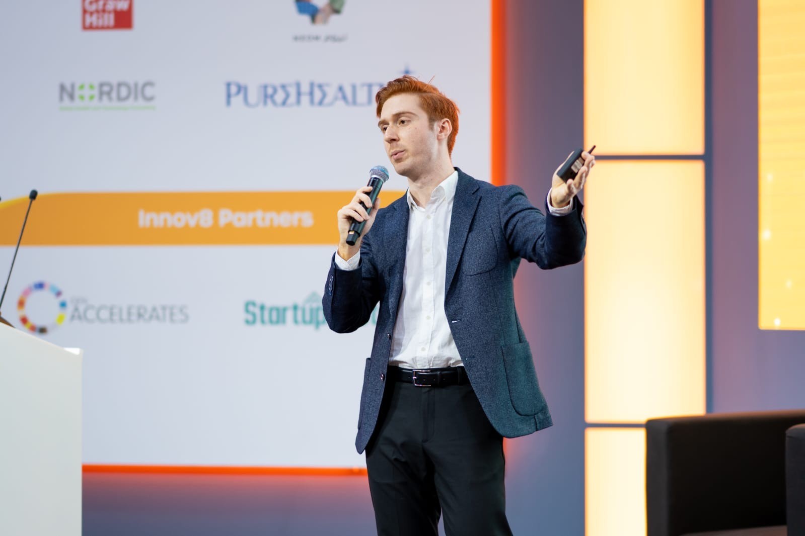 persona portrait image man with orange background and person's image on top