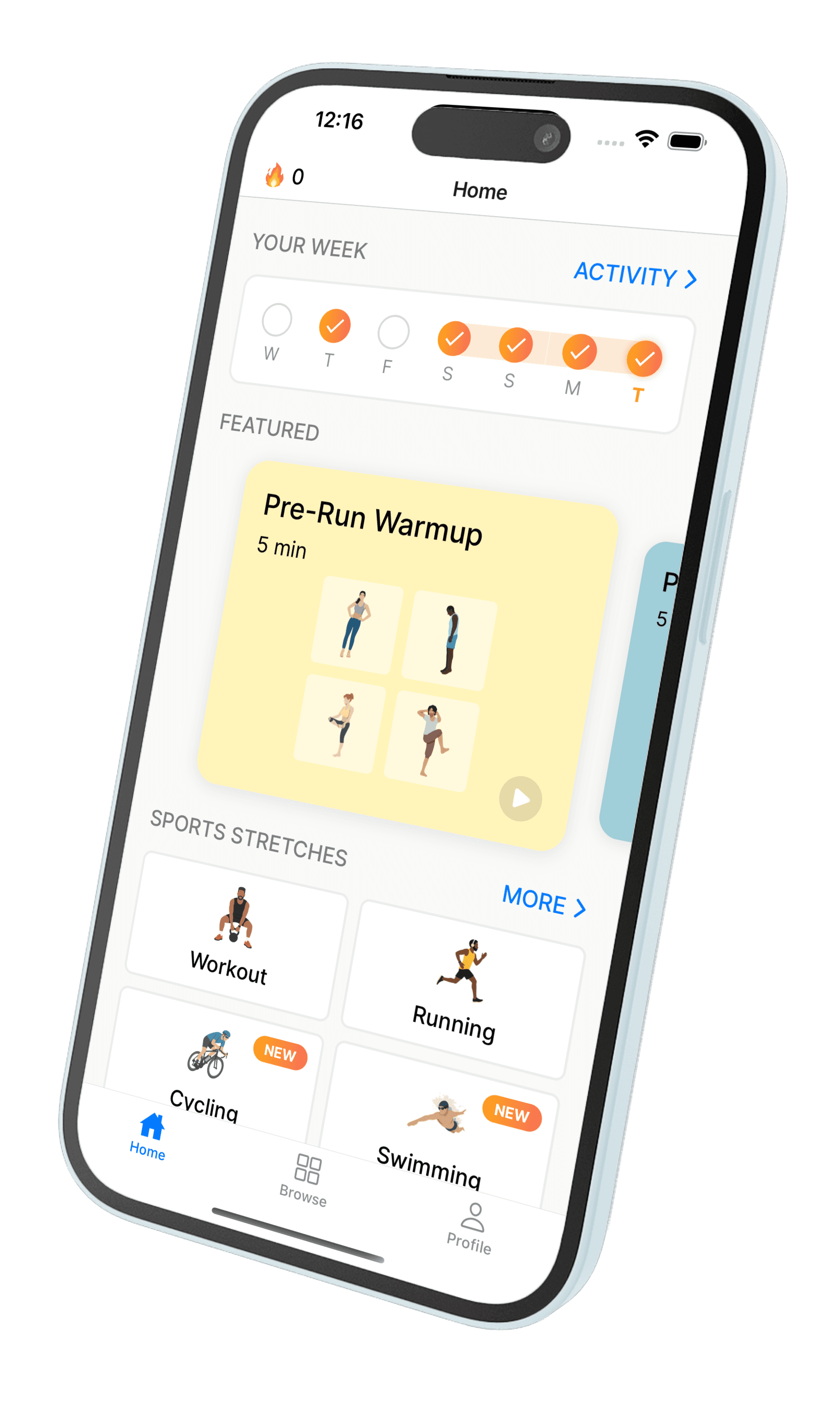 Iphone screenshot showing the SportStretch app open on the home page. The home page shows the weekly activity of the user, a carousel of featured stretching playlists and sport stretching categories.