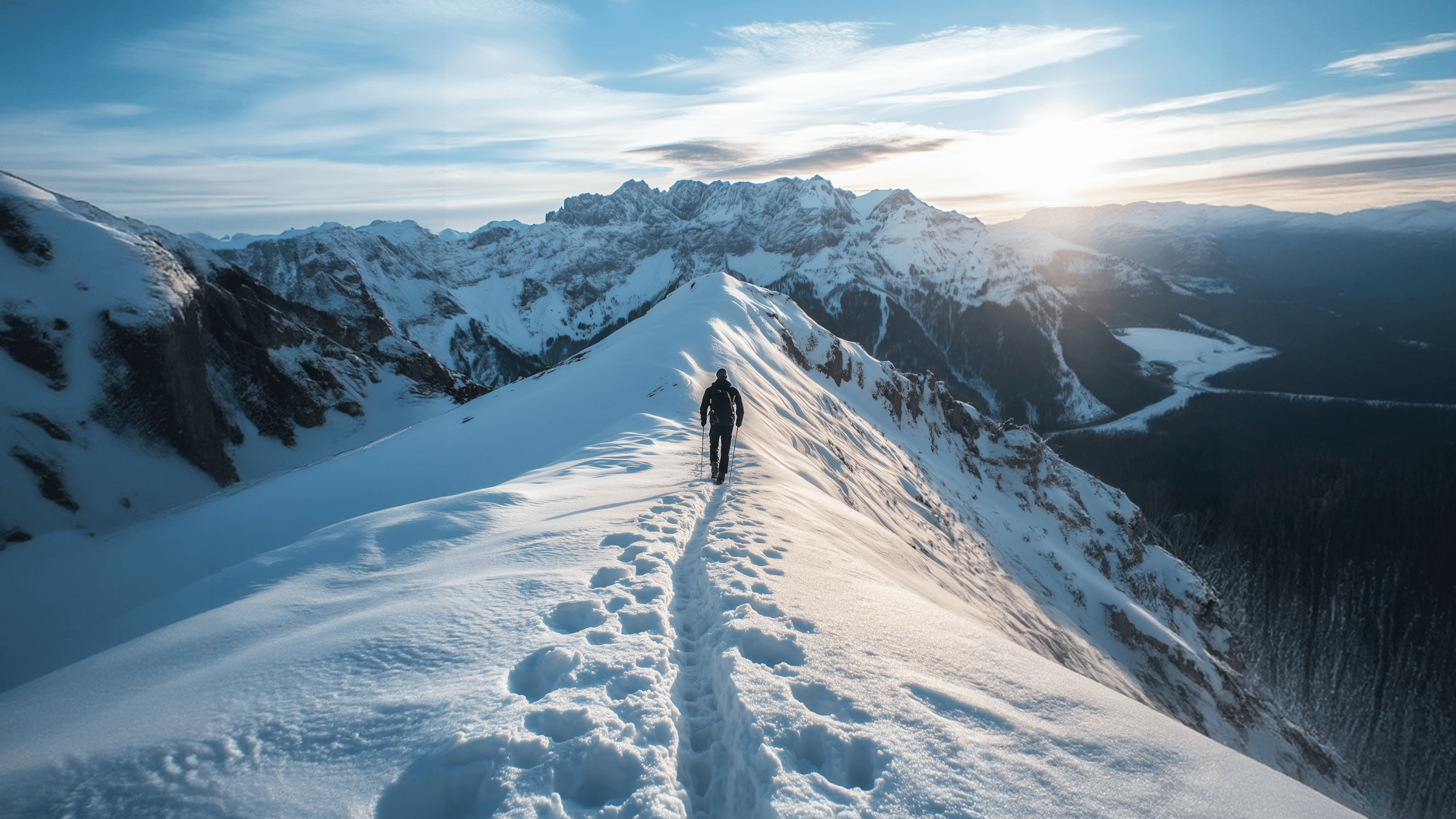 Solo hiker on a snowy mountain ridge at sunrise