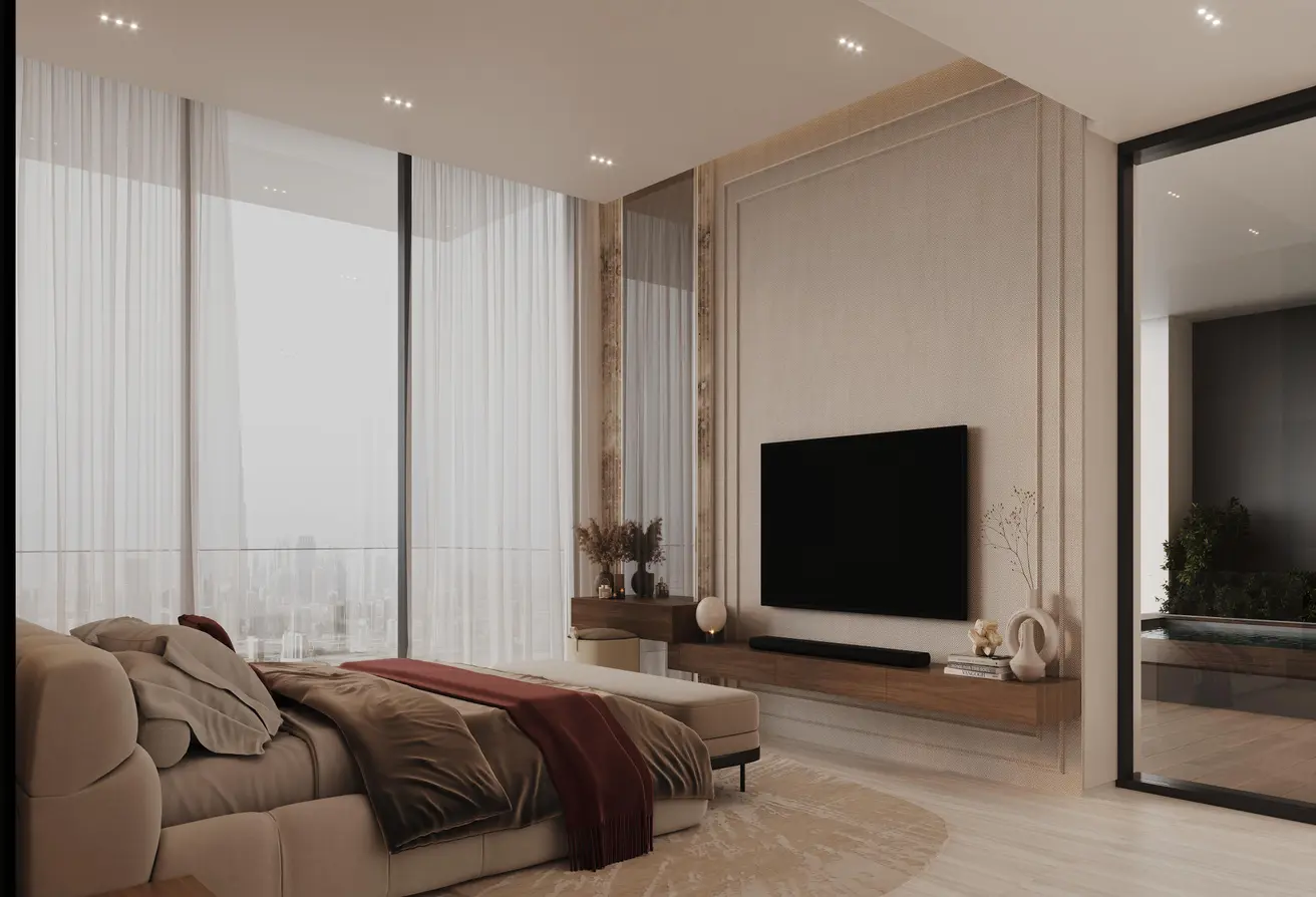 Spacious bedroom with floor-to-ceiling windows and city views in Binghatti Amberhall residential development in Dubai
