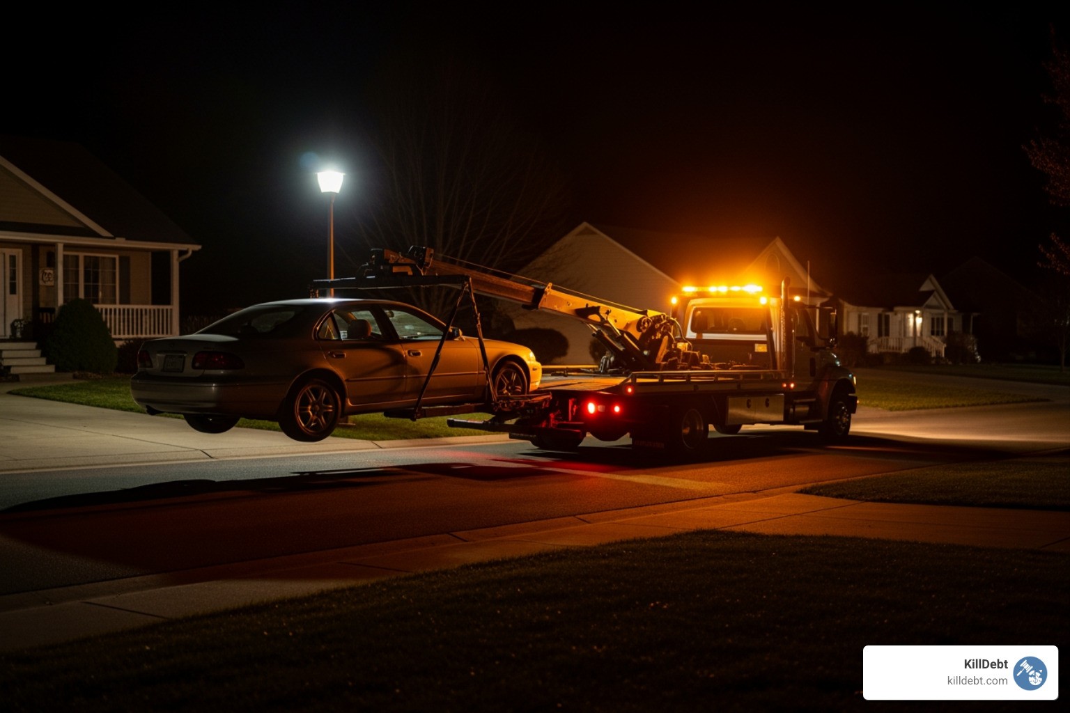 auto loan repo lawsuit tow truck repossessing vehicle at night