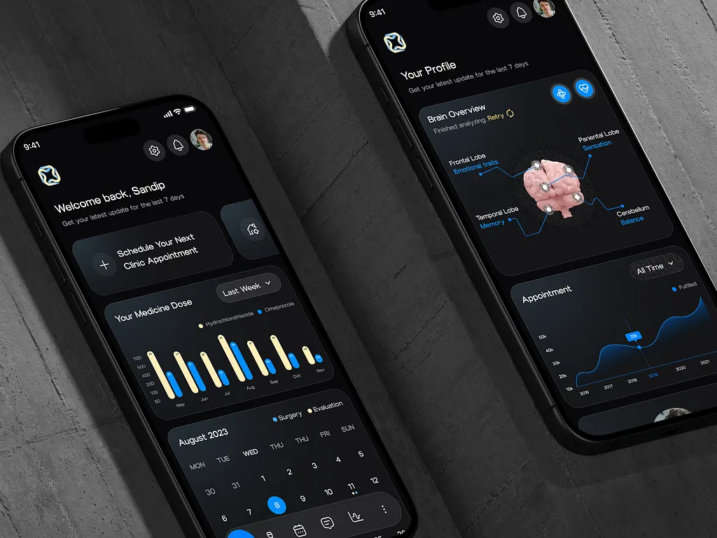 Mobile healthcare app interface showing patient health analytics and medical dashboard UX design.