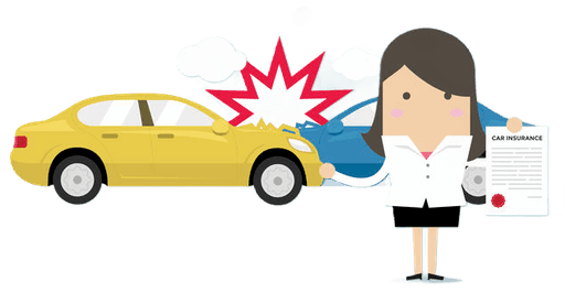 cartoon woman with documents standing by a car accident