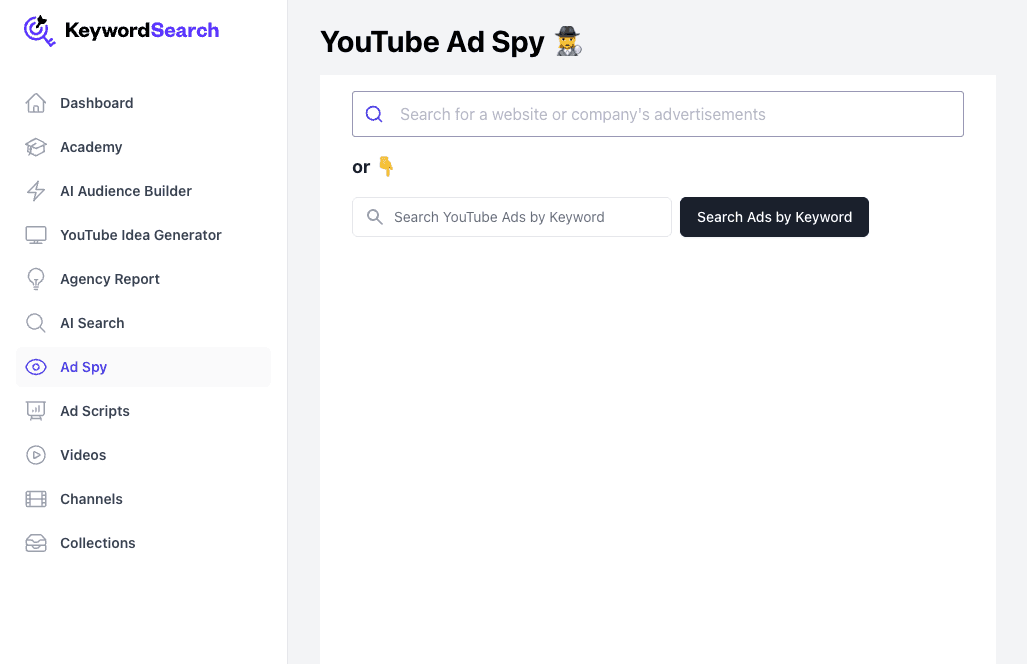 KeywordSearch YouTube Ad Spy basic search functionality
