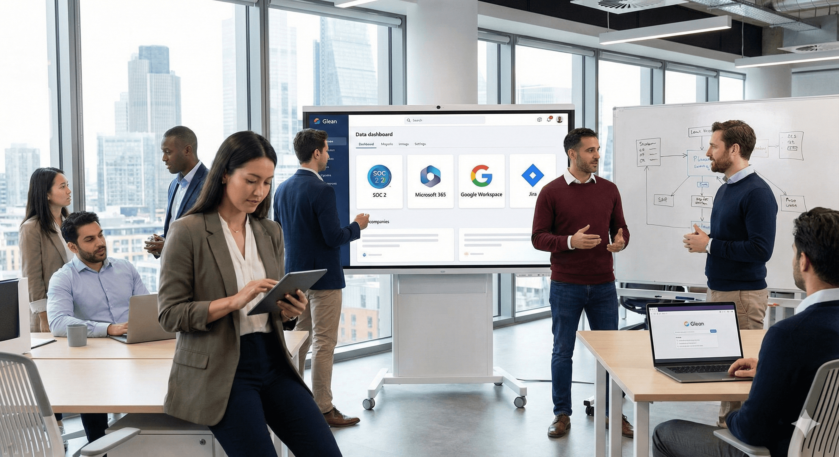 A group of professionals engages in a collaborative meeting in a modern office setting, featuring a large screen displaying a dashboard titled "Glean AI," with various tech logos like Microsoft and Google visible, promoting teamwork and innovation in a high-rise city environment.